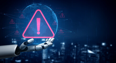 AI monitors network to issue real-time alerts for cybersecurity incidents. Alert warning showing red cyber for data breach, network threat, emphasis on security risk, caution, digital protection Vouch © InfiniteFlow