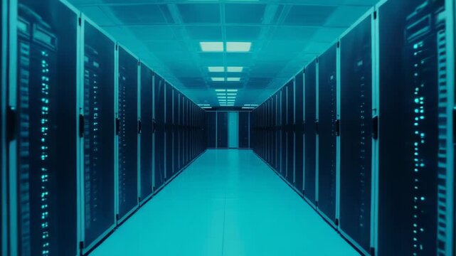 Data center corridor with rows of server racks extending into the distance, reflecting on the polished floor, symbolizing modern technology and network infrastructure for global communication
