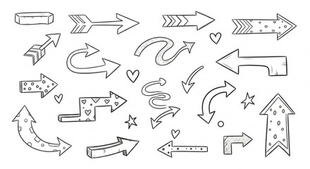 Fototapeta premium A set of hand-drawn arrows and hearts in a minimalist line art style