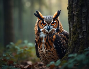 Obraz premium Eurasian eagle owl perches near mossy tree trunk in dim forest. Large predator with orange eyes observes surroundings, blending with woodland floor. Wild bird camouflaged in nature.