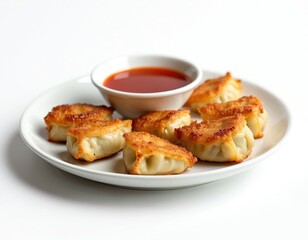Plate of golden fried gyoza dumplings with red dipping sauce. Savory Asian appetizer presented on white dish. Crispy pan-fried snacks ready for meal.