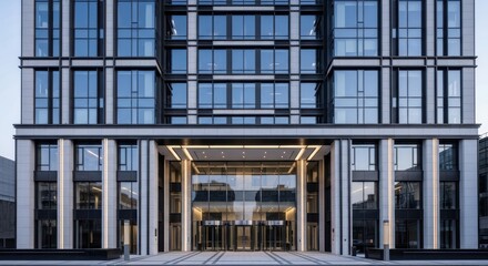 Fototapeta premium Modern office building with sleek glass facade and sophisticated entrance featuring recessed lighting and sleek architectural design elements.