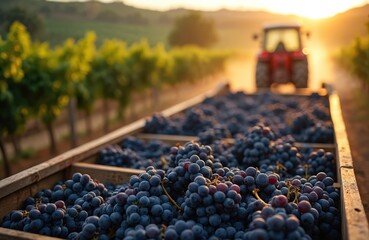 Naklejka premium Red tractor transports freshly picked grapes in wooden crates across a vineyard at sunset. Harvest season is in full swing with ripe fruit ready for winemaking.