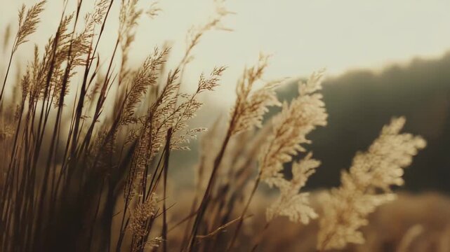 Dry reeds and grasses standing tall in a field, catching warm golden light against a soft, hazy background with distant trees during a peaceful evening