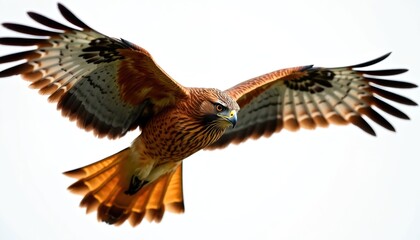 Fototapeta premium Red-tailed hawk flies with wings spread wide. This bird of prey is isolated against white, showing its brown feathers and sharp eyes. It represents freedom and power in nature.