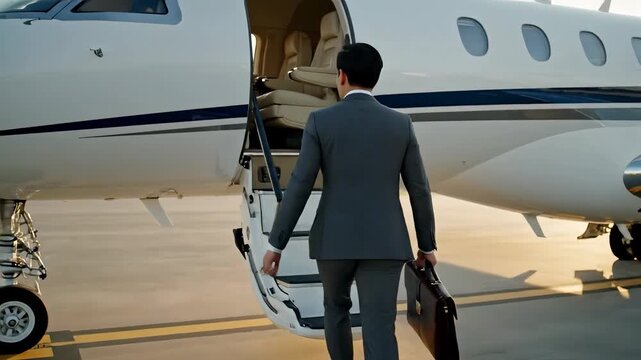 Businessman walking towards a private jet on the tarmac. Executive in a suit boarding an airplane with a briefcase. Luxury corporate travel concept