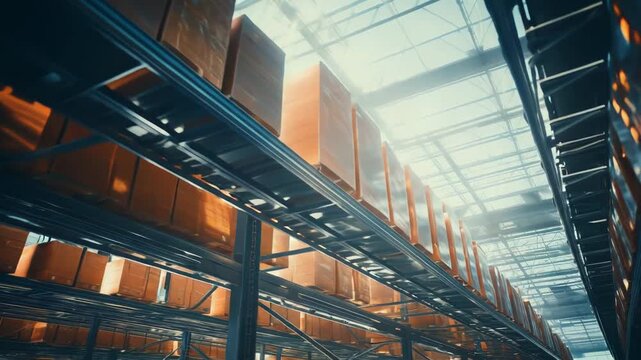 Industrial warehouse storing numerous cardboard boxes on high shelves, organizing inventory for efficient logistics and supply chain management within a large distribution center
