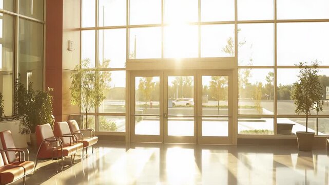 Empty hospital lobby featuring rows of waiting chairs, large glass windows, and a doorway, illuminated by bright morning sunlight creating long shadows on the polished floor