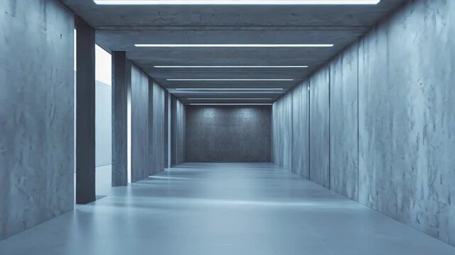Empty concrete corridor featuring minimalist architecture, strong perspective, and linear lighting, creating a modern and futuristic atmosphere for various design and conceptual needs