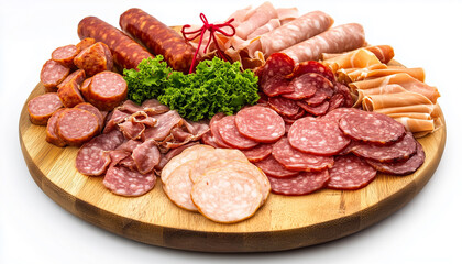 Obraz premium Assortment of delicious deli meats on wooden board, isolated on white