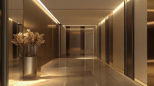 Luxurious golden corridor with glossy metallic walls and floor, minimalist design, warm elegant lighting and an elevator, creating an opulent, contemporary interior atmosphere