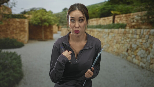 Woman holding clipboard and pen, hand at chest with shoulder grip, standing on a stone street lined by carved retaining walls; concern.
