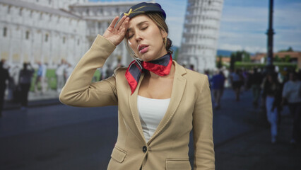 Fototapeta premium Flight attendant in uniform with hand to forehead and eyes closed near historic building, red scarf and cap visible; travel fatigue.