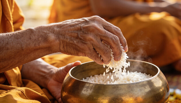 Close-up of elderly hands placing rice into monk alms bowl at dawn. Golden sunlight, wrinkled skin