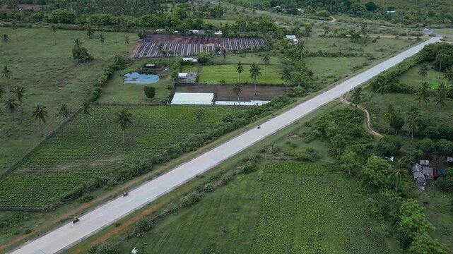 Aerial View Rural Highway Cutting Through Farmland, Long Straight Road Bordered By Green Fields And Scattered Farm Buildings, Palm Trees And Irrigation Ponds Visible, Minimal Traffic, Drone Survey