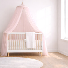 Baby Crib Mockup with Pink Canopy in Minimal Scandinavian Nursery Interior with Soft Natural Light