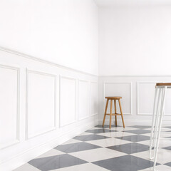 Blank White Wall Mockup with Classic Wall Molding and Wooden Stool in Minimal Scandinavian Interior