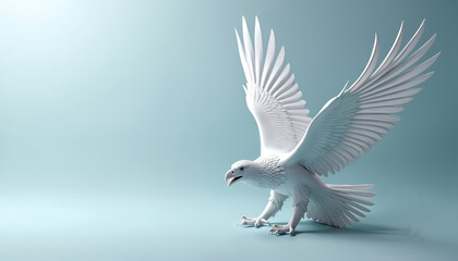Fototapeta premium White eagle sculpture mid-flight against soft blue background. Detailed wings spread wide. Majestic bird artwork symbolizes freedom and power. Minimalist design for creative use.