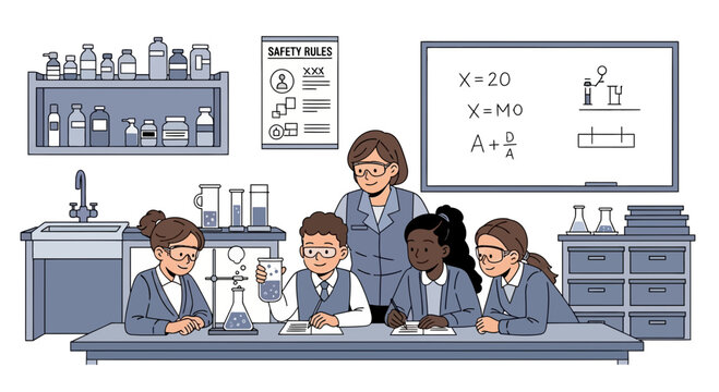 Students Conducting Science Experiment in Laboratory Classroom Setting Under Teacher Supervision