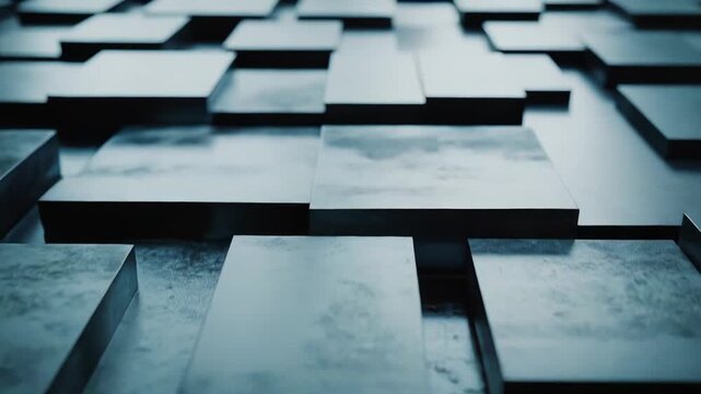 Rough textured square and rectangular metal blocks rising and falling, creating an immersive dark industrial abstract background with varying levels and perspective