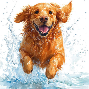 watercolor of Dog Jumping Water Splash, isolated on a white background.