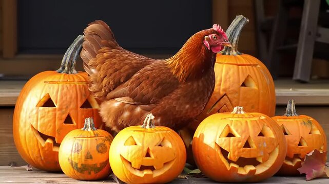 A curious brown chicken perches among a festive array of glowing carved Halloween jack-o'-lanterns, creating a charming autumn seasonal scene outdoors