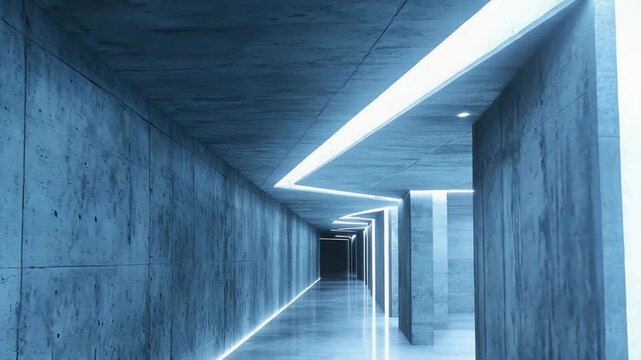 Futuristic concrete corridor featuring impressive architectural design and glowing blue neon light strips, creating a contemporary and empty tunnel interior