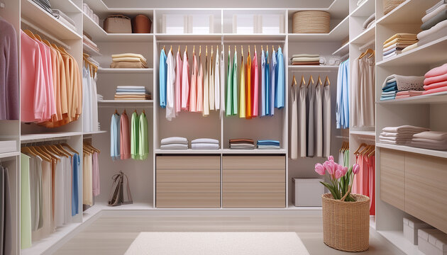 Big wardrobe with different clothes and accessories in dressing room