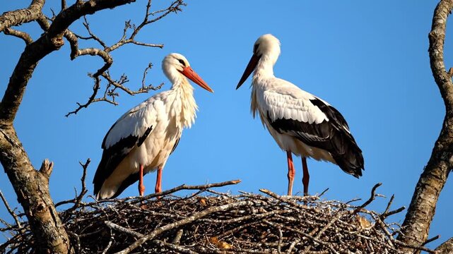 Two white storks in a nest on bare tree branches
