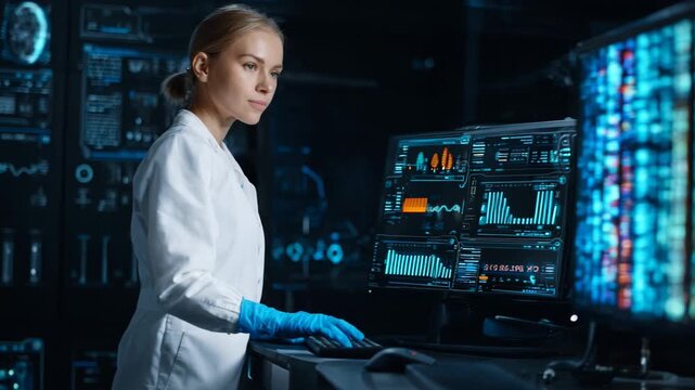 Technician analyzing bacterial genome data on a computer integrating computational tools to study microbial genetics.