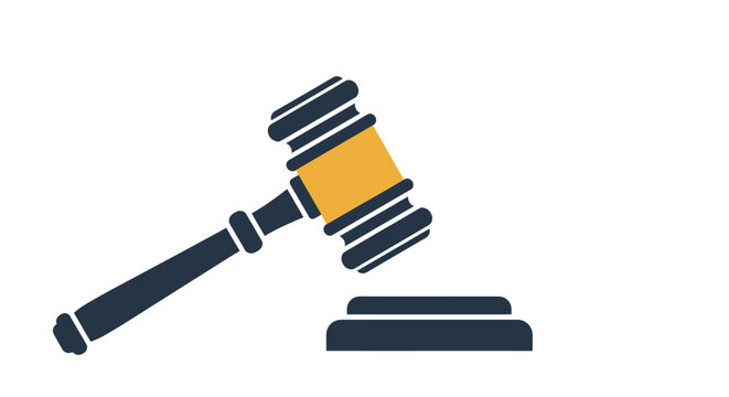 A stylized illustration of a gavel and sounding block representing justice