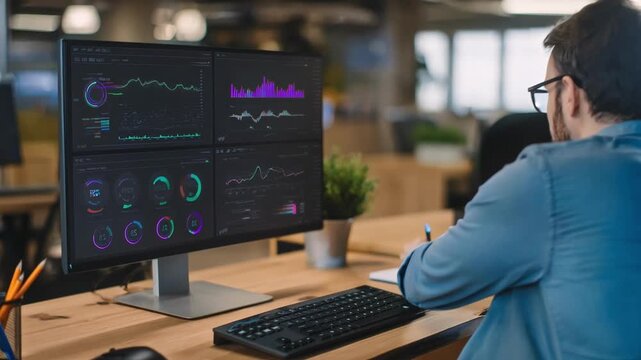 Business professional reviewing blockchain audit reports on a computer screen showcasing traceable grant allocations and data security features.