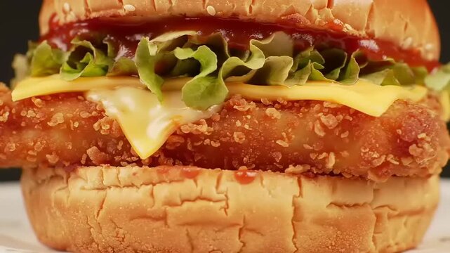 Delicious close-up shot of a juicy, perfectly cooked chicken burger with melted cheese and fresh lettuce, served on a toasted bun with ketchup and mayonnaise
