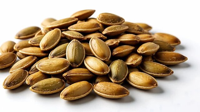 Culinary pile of pumpkin seeds on white background, wholesome food concept for healthy snack