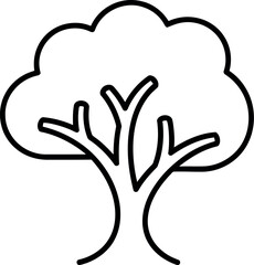 Obraz premium Simple black and white outline icon representing a deciduous tree with a rounded canopy and visible branching structure set against a clean white background for easy graphic use.