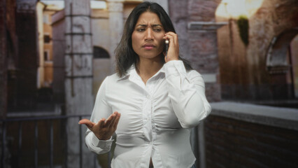 Fototapeta premium Woman in white shirt holding phone to ear with palm up questioning gesture and furrowed brow on a narrow stone street framed by archway and balcony railing; frustration.