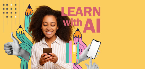 A young black woman is smiling while texting on her smartphone. She stands in front of a yellow...