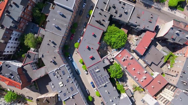 View of Katowice from above showing streets and parks with trees