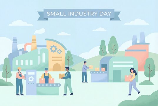 Small Industry Day Illustration with Diverse Factory Workers and Conveyor