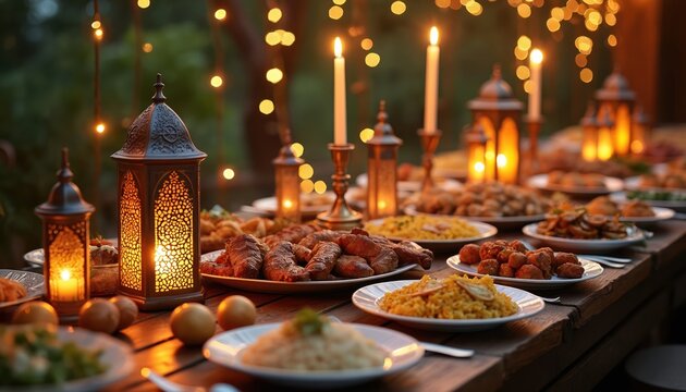 Evening Ramadan iftar dinner table spread with various arabic food dishes. Family gathering for festive meal, illuminated by lanterns and candles. Holy month celebration.