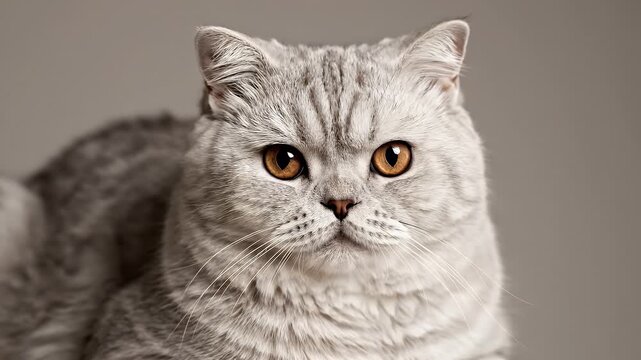 Close-up portrait of a British Shorthair cat with striking copper eyes and soft grey fur, captured in a studio setting