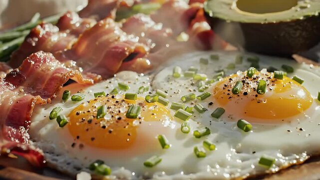 Breakfast plate with eggs bacon and avocado on wooden table
