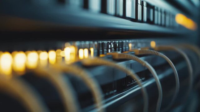 Blade server blade densely packed in a high density data center with network cables and glowing status leds, highlighting connectivity, fiber and computing infrastructure power