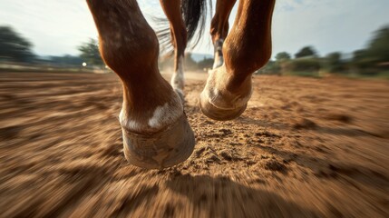 Fototapeta premium close-up of horse hooves on a dirt track, with motion blur