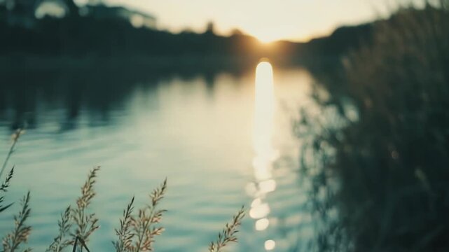 Reeds and tall grass grow along the calm water of a lake, reflecting the soft, warm light of the evening sun, creating a peaceful and tranquil natural scene with gentle bokeh