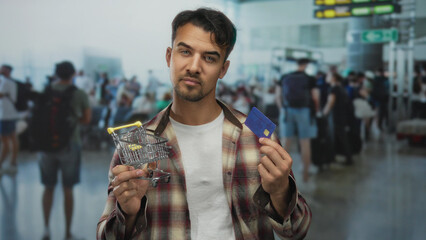 Young hispanic man holding credit card and miniature shopping cart at crowded airport terminal representing online shopping and consumerism concept in busy travel setting. © Krakenimages.com