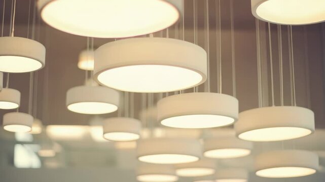 Cluster of contemporary round hanging lamps providing soft, inviting light, enhancing the ambiance of a stylish interior with elegant and functional design elements