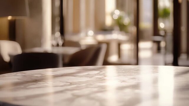 Empty white marble table surface providing a clean background with a blurred, elegant restaurant or cafe interior and warm bokeh lights creating a sophisticated atmosphere