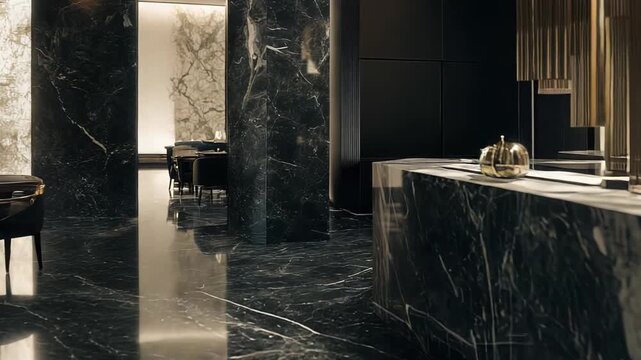 Luxurious contemporary restaurant interior with dark marble, ornate gold accents and meticulously set tables, creating an exclusive, elegant fine dining atmosphere for upscale clientele