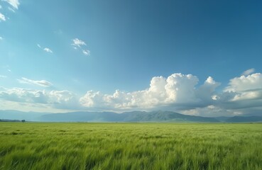 Obraz premium Expansive green field under vast blue sky with fluffy white clouds. Distant hazy mountains form a scenic backdrop to this peaceful natural landscape.